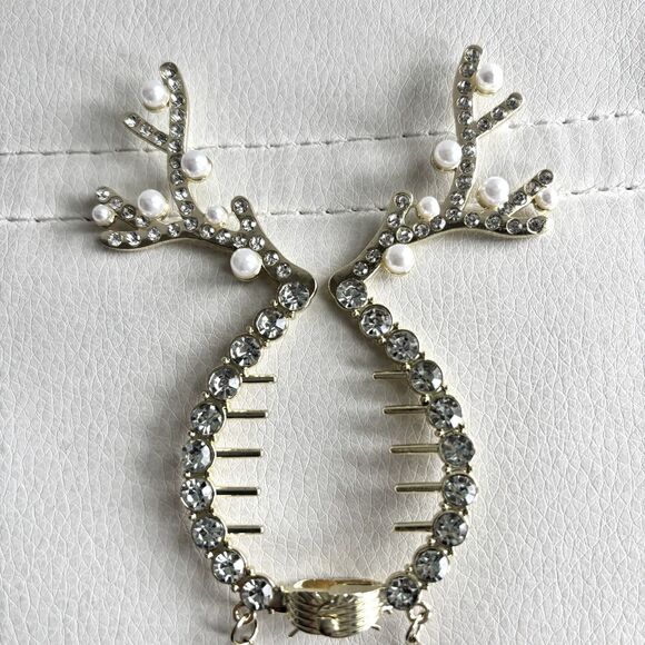 Reindeer Antler Holiday Hair Clip White Rhinestone Pearl Ponytail Bun Holder - Picture 3 of 4